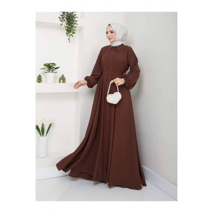 GÖMLEK YAKA ELBİSE KUŞAKLI FULL DÜĞME KAPAMA 2401