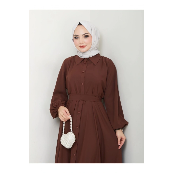 GÖMLEK YAKA ELBİSE KUŞAKLI FULL DÜĞME KAPAMA 2401