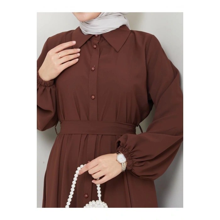 GÖMLEK YAKA ELBİSE KUŞAKLI FULL DÜĞME KAPAMA 2401