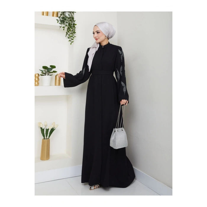 Taşli̇ Abaya Tesettür Giyim Kadin Ferace Elbise Si̇yah