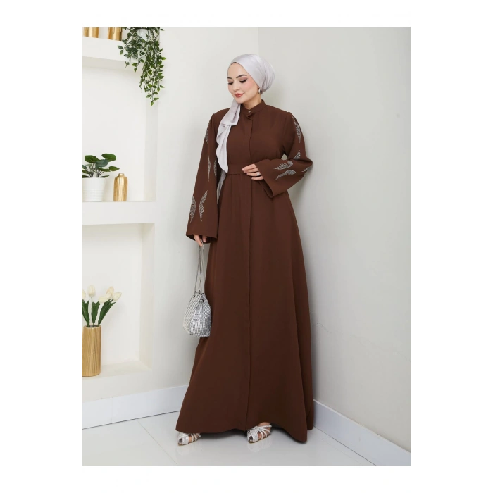 TAŞLİ ABAYA TESETTÜR GIYIM KADIN FERACE ELBISE KAHVE