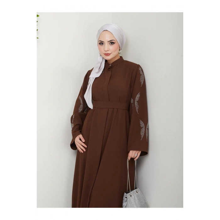 TAŞLİ ABAYA TESETTÜR GIYIM KADIN FERACE ELBISE KAHVE