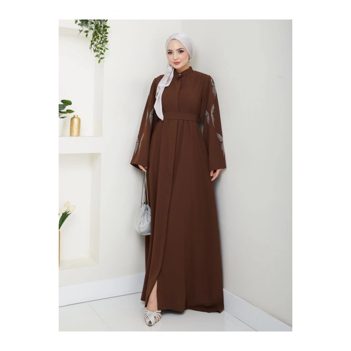 TAŞLİ ABAYA TESETTÜR GIYIM KADIN FERACE ELBISE KAHVE