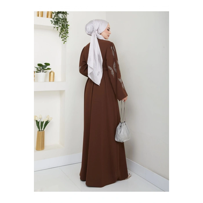 TAŞLİ ABAYA TESETTÜR GIYIM KADIN FERACE ELBISE KAHVE