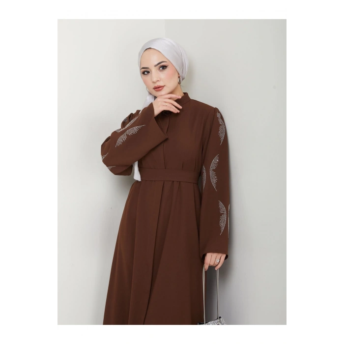 TAŞLİ ABAYA TESETTÜR GIYIM KADIN FERACE ELBISE KAHVE