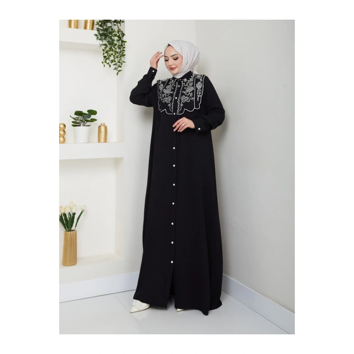 NAKIŞLI ABAYA TESETTÜR GIYIM KADIN FERACE ELBİSE 814 SİYAH