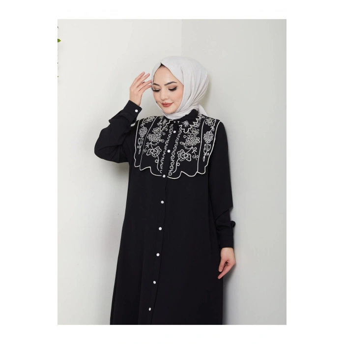 NAKIŞLI ABAYA TESETTÜR GIYIM KADIN FERACE ELBİSE 814 SİYAH
