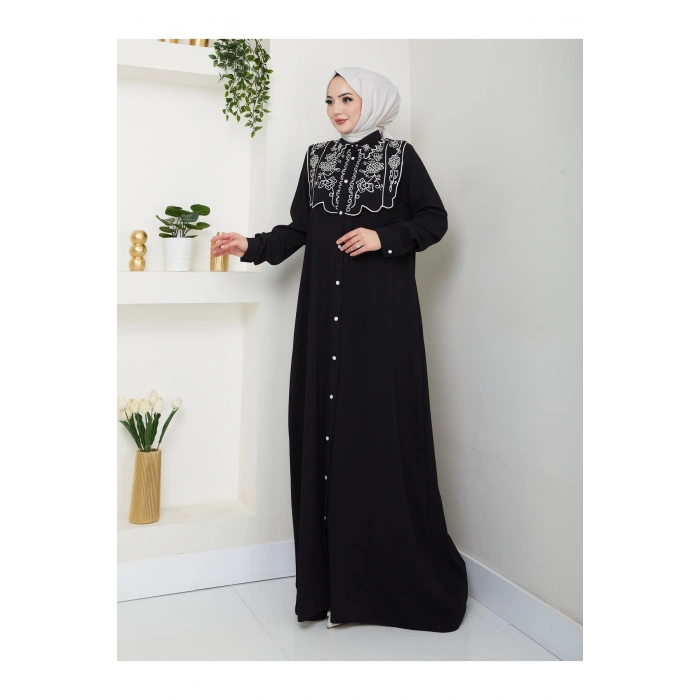 NAKIŞLI ABAYA TESETTÜR GIYIM KADIN FERACE ELBİSE 814 SİYAH