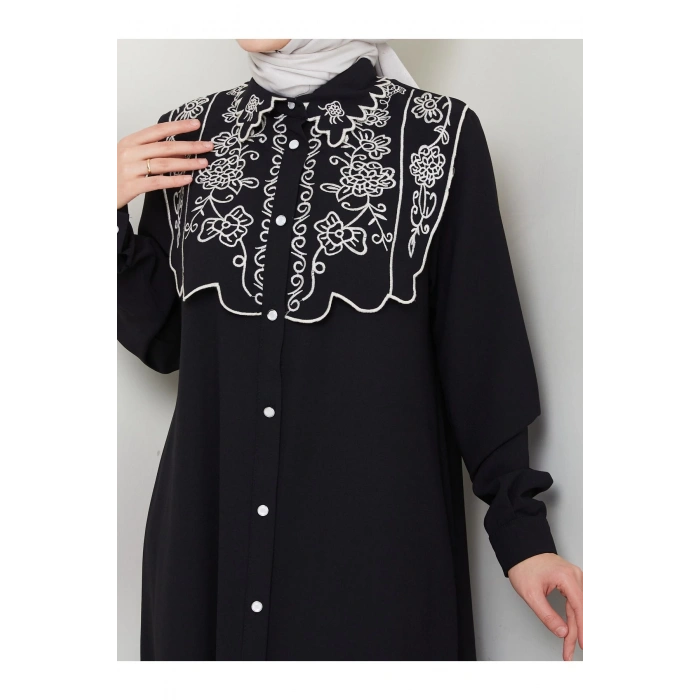 NAKIŞLI ABAYA TESETTÜR GIYIM KADIN FERACE ELBİSE 814 SİYAH