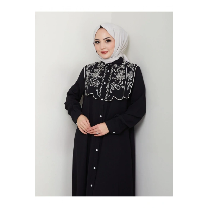NAKIŞLI ABAYA TESETTÜR GIYIM KADIN FERACE ELBİSE 814 SİYAH
