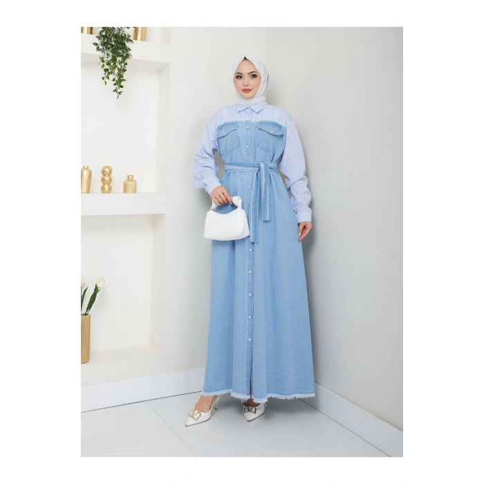 ÇİZİKLİ KOLLARI GÖMLEK DETAYLI KOT ELBİSE TESETTÜR 775 AÇIK KOT