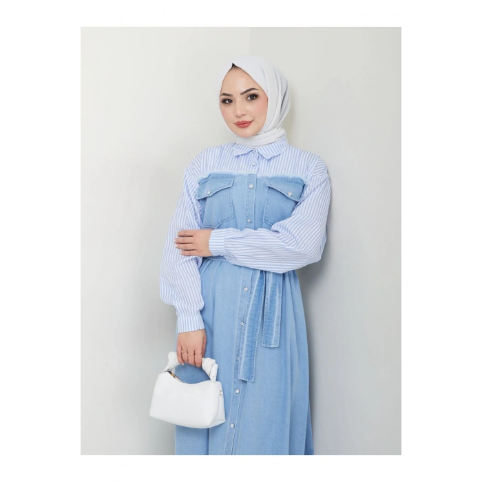 ÇİZİKLİ KOLLARI GÖMLEK DETAYLI KOT ELBİSE TESETTÜR 775 AÇIK KOT