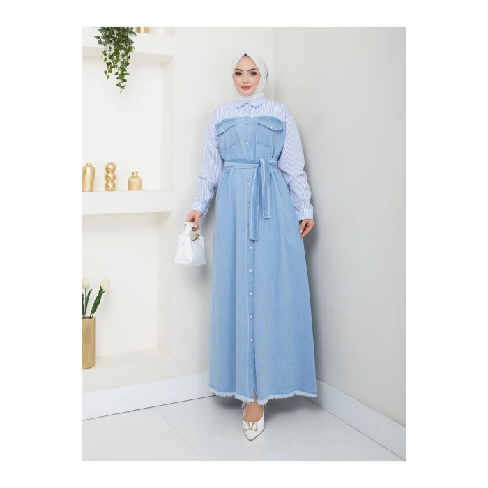 ÇİZİKLİ KOLLARI GÖMLEK DETAYLI KOT ELBİSE TESETTÜR 775 AÇIK KOT