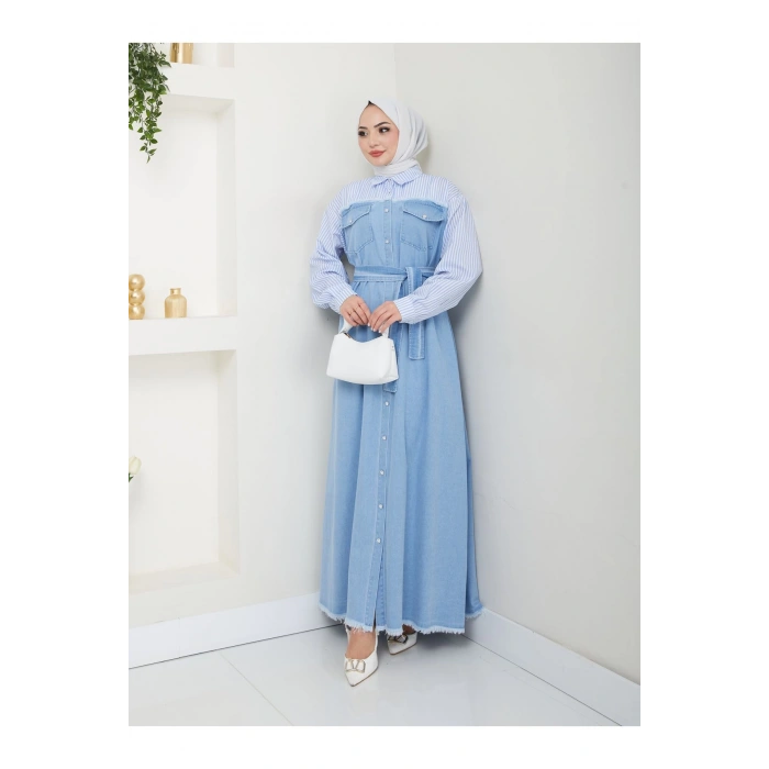 ÇİZİKLİ KOLLARI GÖMLEK DETAYLI KOT ELBİSE TESETTÜR 775 AÇIK KOT