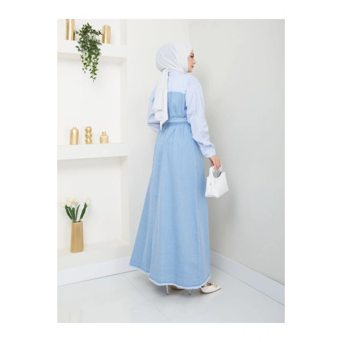 ÇİZİKLİ KOLLARI GÖMLEK DETAYLI KOT ELBİSE TESETTÜR 775 AÇIK KOT