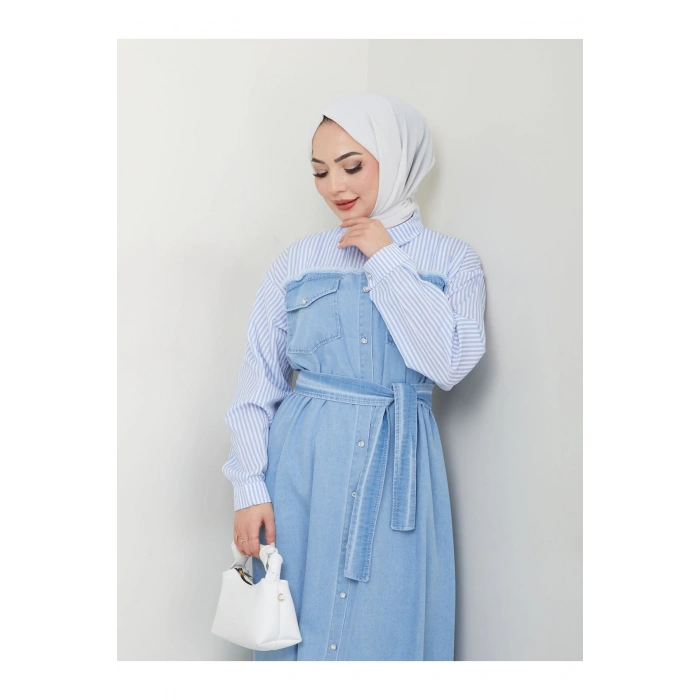 ÇİZİKLİ KOLLARI GÖMLEK DETAYLI KOT ELBİSE TESETTÜR 775 AÇIK KOT