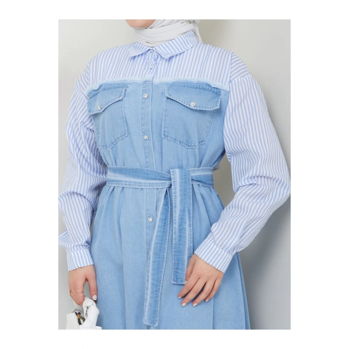 ÇİZİKLİ KOLLARI GÖMLEK DETAYLI KOT ELBİSE TESETTÜR 775 AÇIK KOT