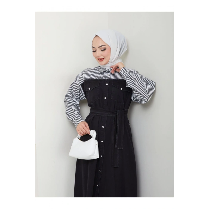 ÇİZİKLİ KOLLARI GÖMLEK DETAYLI KOT ELBİSE TESETTÜR 775 SİYAH