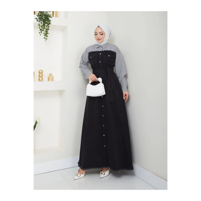ÇİZİKLİ KOLLARI GÖMLEK DETAYLI KOT ELBİSE TESETTÜR 775 SİYAH