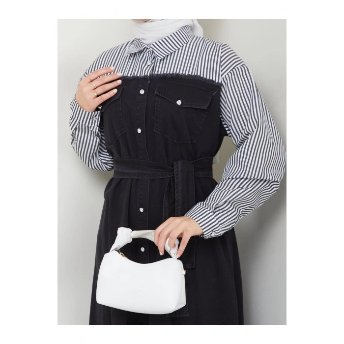 ÇİZİKLİ KOLLARI GÖMLEK DETAYLI KOT ELBİSE TESETTÜR 775 SİYAH