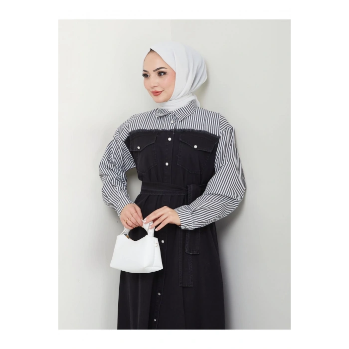 ÇİZİKLİ KOLLARI GÖMLEK DETAYLI KOT ELBİSE TESETTÜR 775 SİYAH