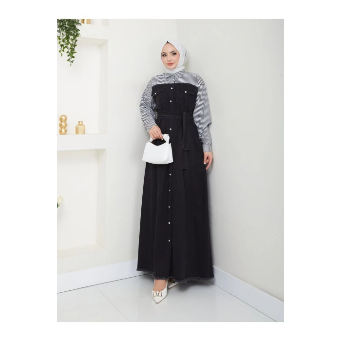 ÇİZİKLİ KOLLARI GÖMLEK DETAYLI KOT ELBİSE TESETTÜR 775 SİYAH