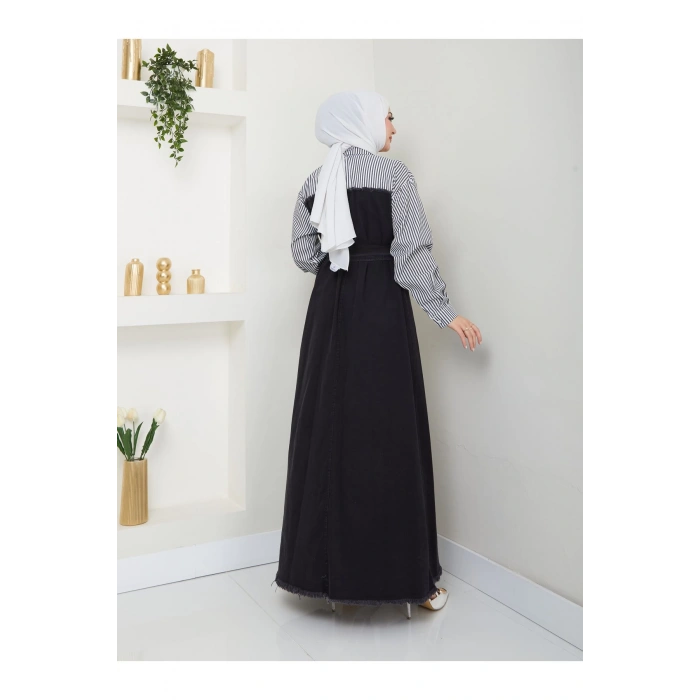 ÇİZİKLİ KOLLARI GÖMLEK DETAYLI KOT ELBİSE TESETTÜR 775 SİYAH