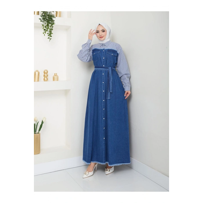 ÇİZİKLİ KOLLARI GÖMLEK DETAYLI KOT ELBİSE TESETTÜR 775 KOYU KOT