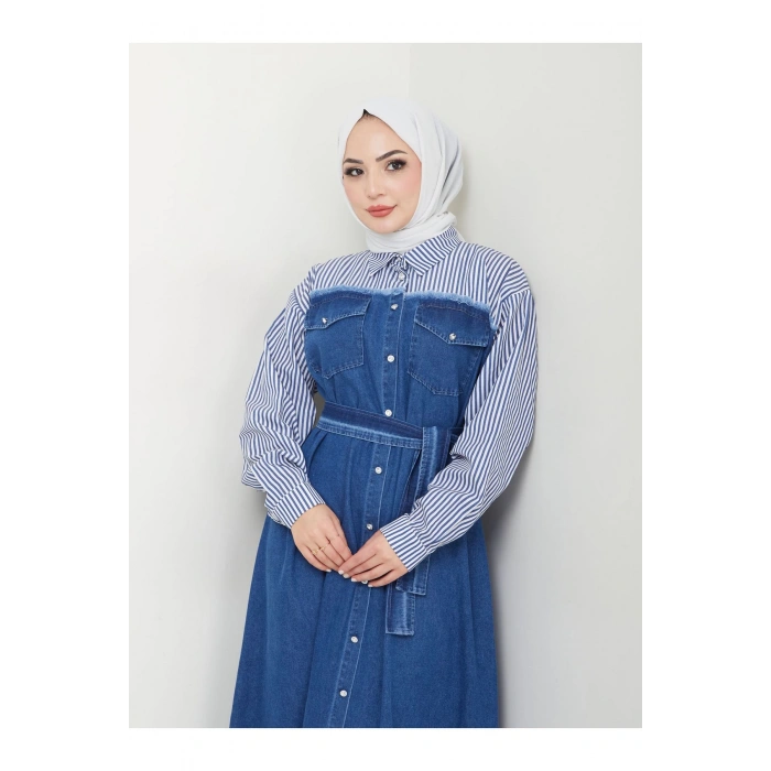 ÇİZİKLİ KOLLARI GÖMLEK DETAYLI KOT ELBİSE TESETTÜR 775 KOYU KOT