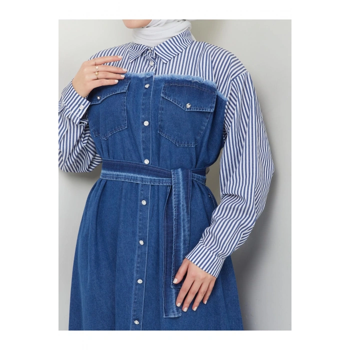 ÇİZİKLİ KOLLARI GÖMLEK DETAYLI KOT ELBİSE TESETTÜR 775 KOYU KOT