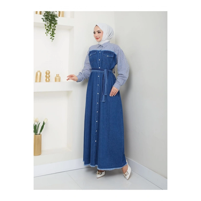 ÇİZİKLİ KOLLARI GÖMLEK DETAYLI KOT ELBİSE TESETTÜR 775 KOYU KOT