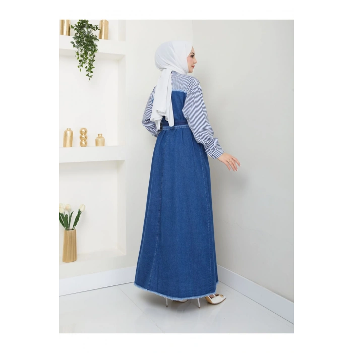 ÇİZİKLİ KOLLARI GÖMLEK DETAYLI KOT ELBİSE TESETTÜR 775 KOYU KOT