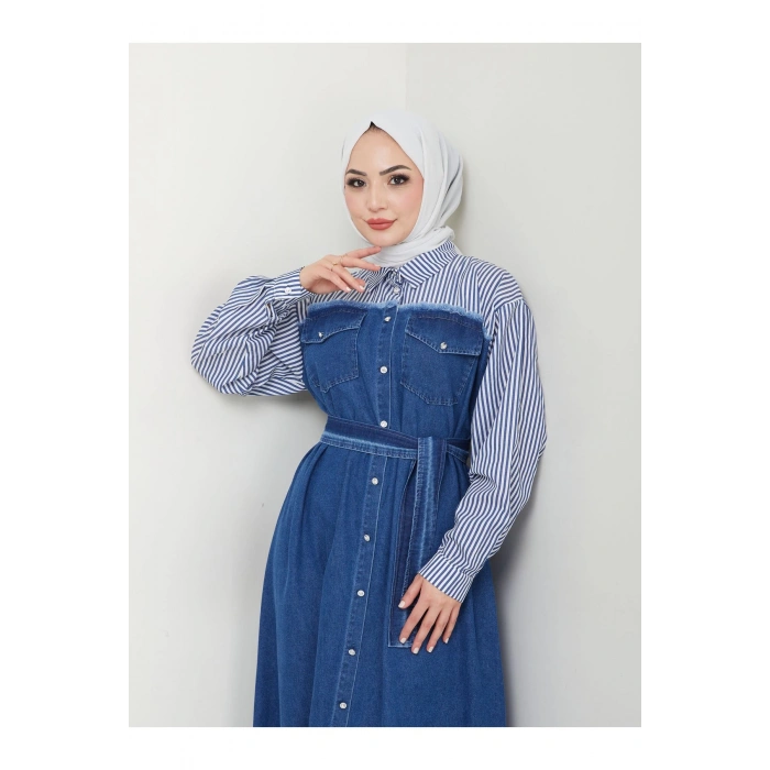 ÇİZİKLİ KOLLARI GÖMLEK DETAYLI KOT ELBİSE TESETTÜR 775 KOYU KOT