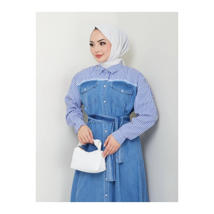 ÇİZİKLİ KOLLARI GÖMLEK DETAYLI KOT ELBİSE TESETTÜR MAVİ KOT