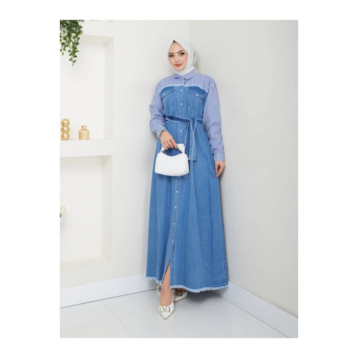ÇİZİKLİ KOLLARI GÖMLEK DETAYLI KOT ELBİSE TESETTÜR MAVİ KOT