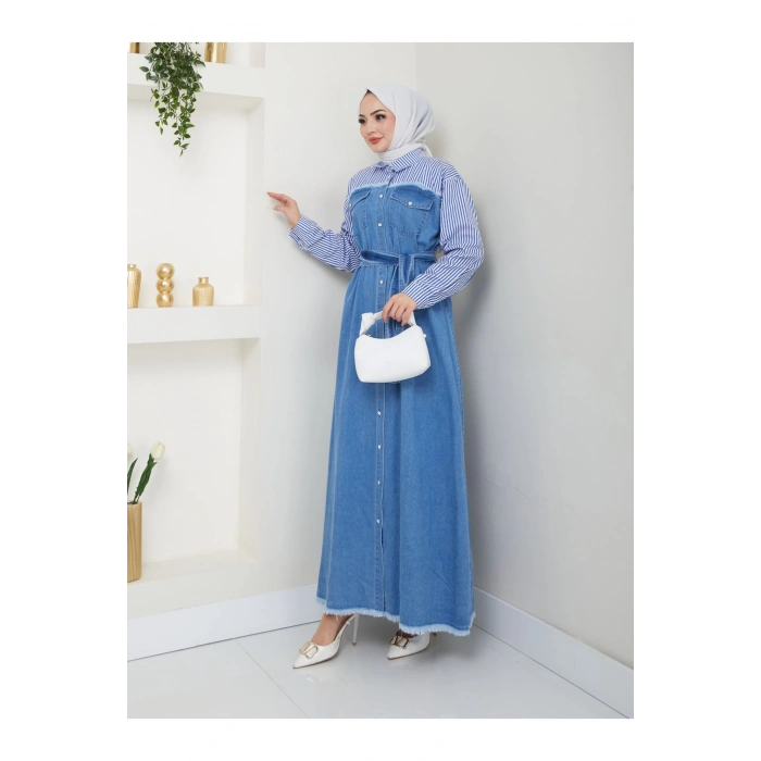 ÇİZİKLİ KOLLARI GÖMLEK DETAYLI KOT ELBİSE TESETTÜR MAVİ KOT