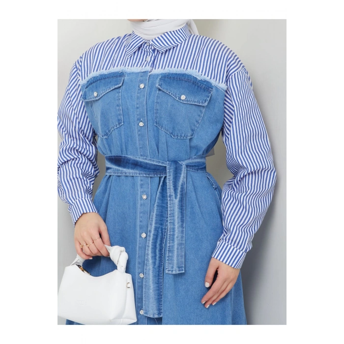 ÇİZİKLİ KOLLARI GÖMLEK DETAYLI KOT ELBİSE TESETTÜR MAVİ KOT