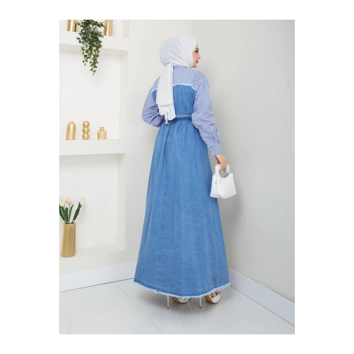 ÇİZİKLİ KOLLARI GÖMLEK DETAYLI KOT ELBİSE TESETTÜR MAVİ KOT