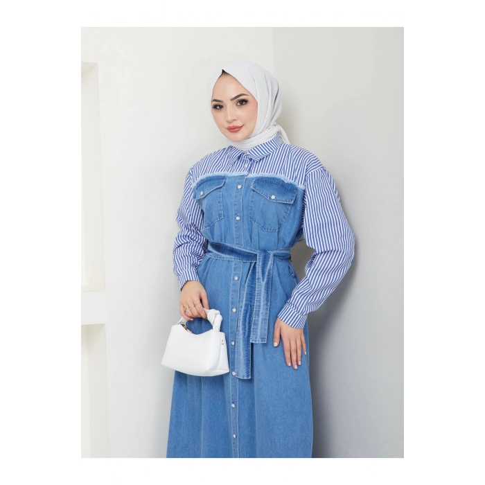 ÇİZİKLİ KOLLARI GÖMLEK DETAYLI KOT ELBİSE TESETTÜR MAVİ KOT