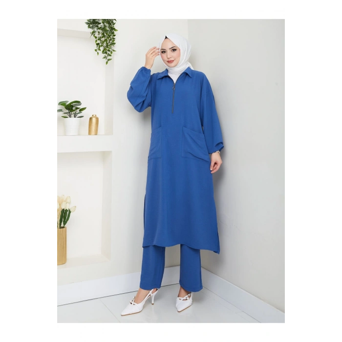 UZUN BOY CEPLE YARI FERMUARLI AYROBİN TESETTÜR TAKIM BÜYÜK BEDEN MAVİ 846