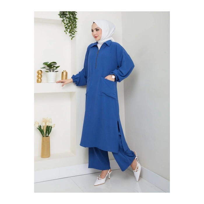 UZUN BOY CEPLE YARI FERMUARLI AYROBİN TESETTÜR TAKIM BÜYÜK BEDEN MAVİ 846