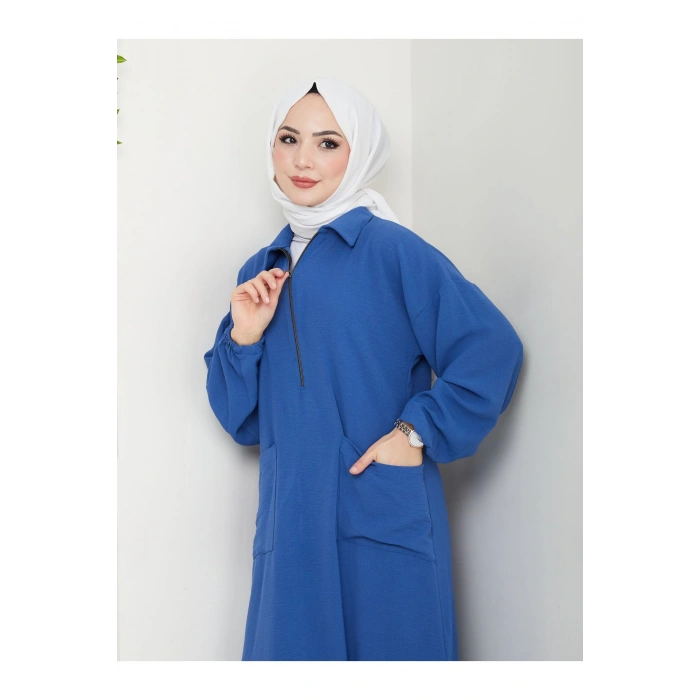 UZUN BOY CEPLE YARI FERMUARLI AYROBİN TESETTÜR TAKIM BÜYÜK BEDEN MAVİ 846