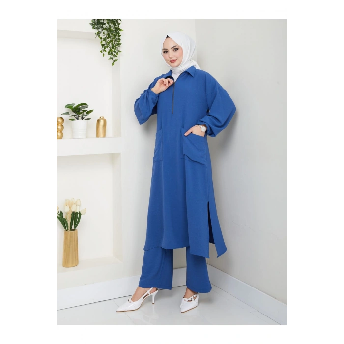UZUN BOY CEPLE YARI FERMUARLI AYROBİN TESETTÜR TAKIM BÜYÜK BEDEN MAVİ 846