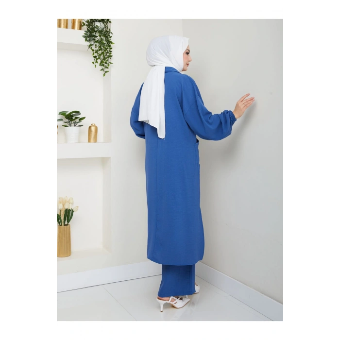 UZUN BOY CEPLE YARI FERMUARLI AYROBİN TESETTÜR TAKIM BÜYÜK BEDEN MAVİ 846