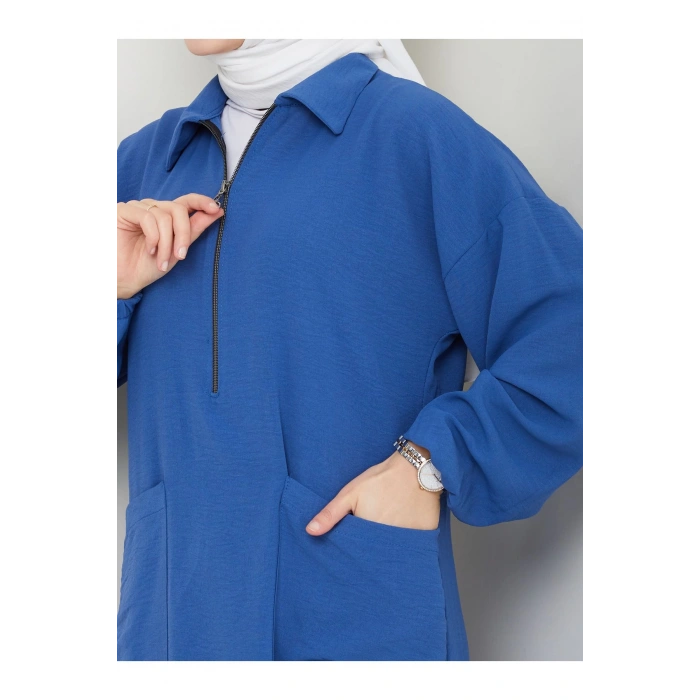 UZUN BOY CEPLE YARI FERMUARLI AYROBİN TESETTÜR TAKIM BÜYÜK BEDEN MAVİ 846