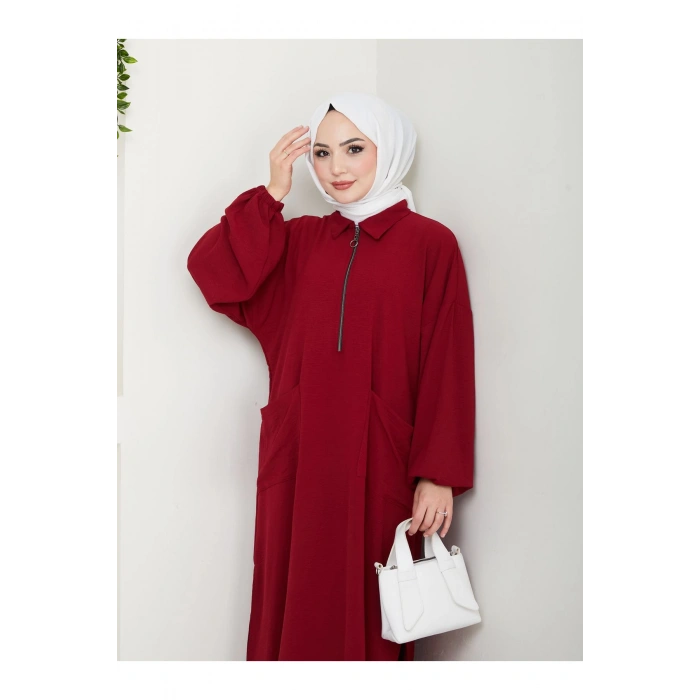 UZUN BOY CEPLE YARI FERMUARLI AYROBİN TESETTÜR TAKIM BÜYÜK BEDEN BORDO 846
