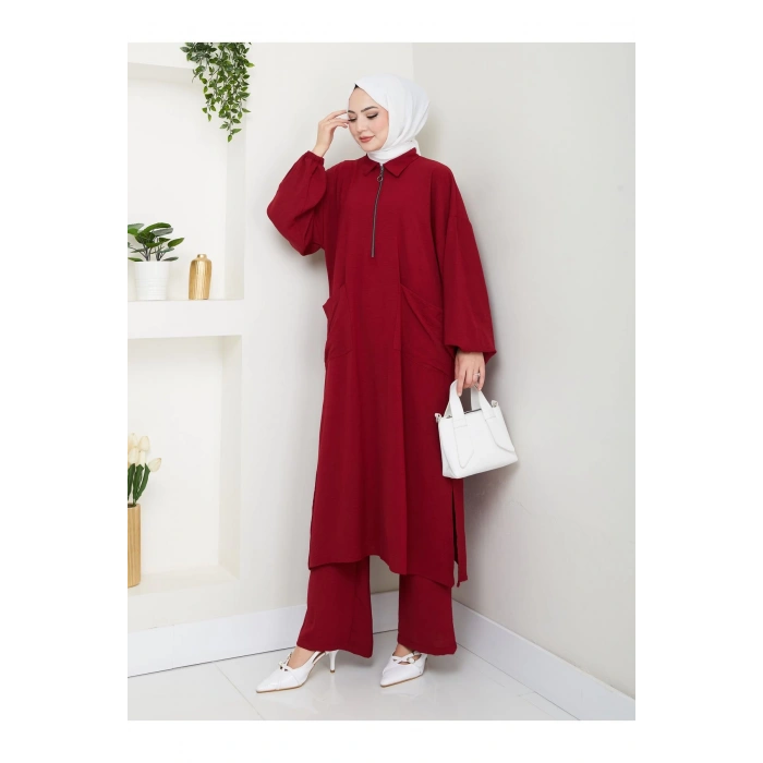 UZUN BOY CEPLE YARI FERMUARLI AYROBİN TESETTÜR TAKIM BÜYÜK BEDEN BORDO 846