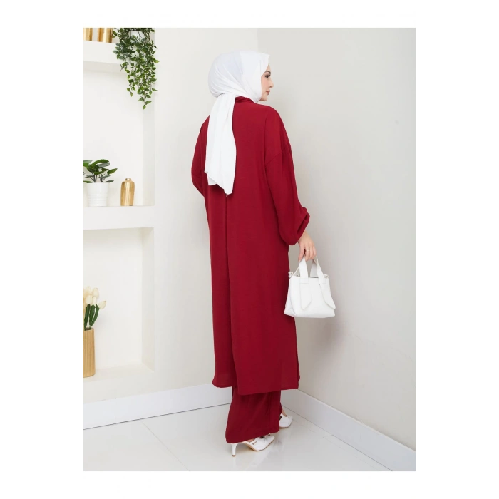 UZUN BOY CEPLE YARI FERMUARLI AYROBİN TESETTÜR TAKIM BÜYÜK BEDEN BORDO 846