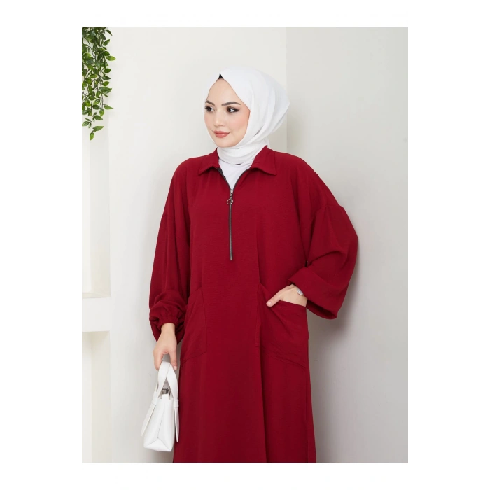 UZUN BOY CEPLE YARI FERMUARLI AYROBİN TESETTÜR TAKIM BÜYÜK BEDEN BORDO 846