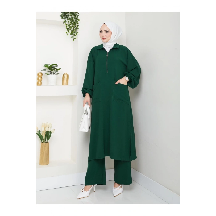 UZUN BOY CEPLE YARI FERMUARLI AYROBİN TESETTÜR TAKIM BÜYÜK BEDEN ZÜMRÜT 846